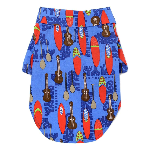 Doggie Hawaiian Camp Shirt - Ukuleles And Surfboards - Small