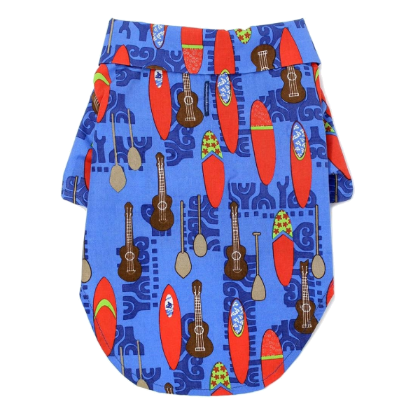 Doggie Hawaiian Camp Shirt - Ukuleles And Surfboards - Small