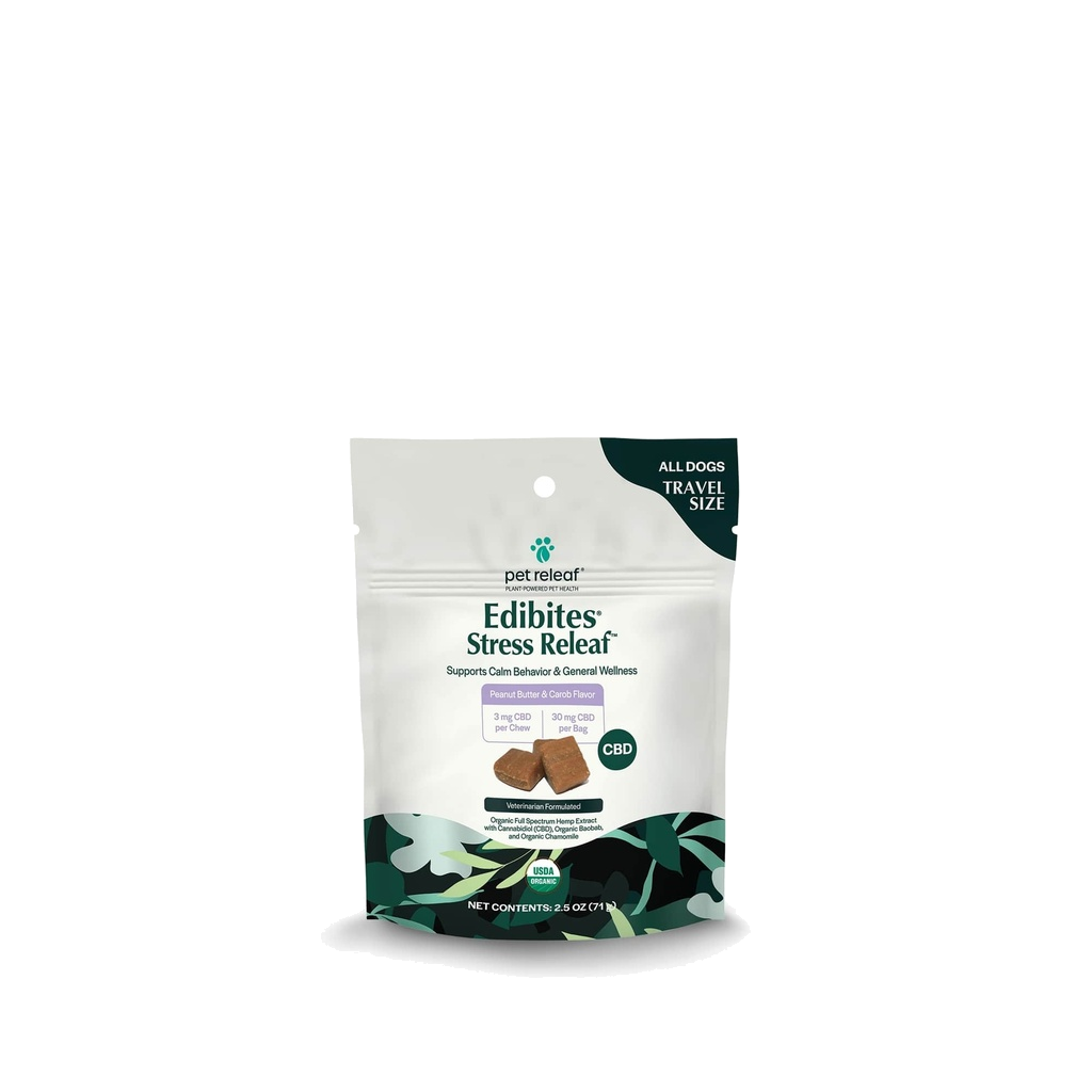 Pet Releaf Stress Releaf Peanut Butter CBD Edibites, USDA Organic Calming Chews, Travel Size For All Dogs - 3MG / 30MG CBD