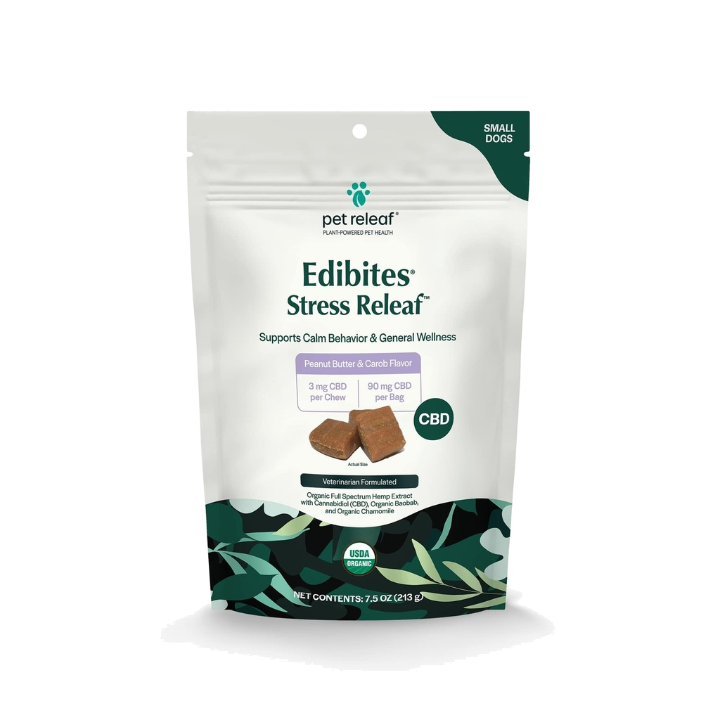 Pet Releaf Stress Releaf Peanut Butter Edibites, USDA Organic Calming Chews For Small Dogs - 3MG / 90MG CBD