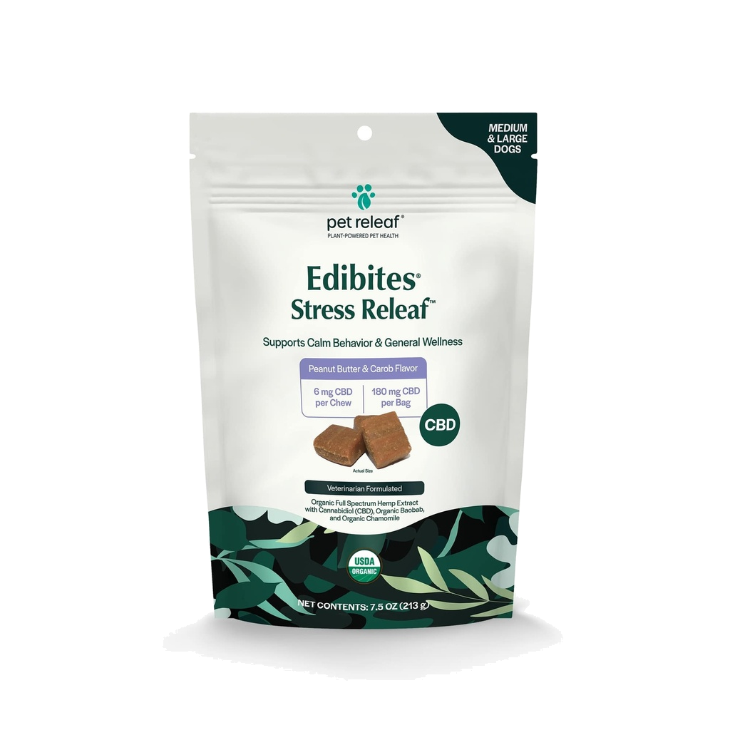 Pet Releaf Stress Releaf Peanut Butter Edibites, USDA Organic Calming Chews For Medium/Large Dogs - 6MG / 180MG CBD