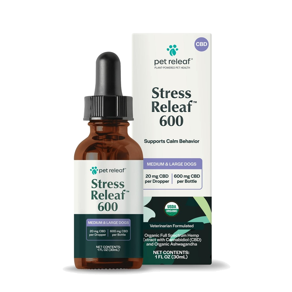 Pet Releaf Stress Releaf Calming CBD Oil For Medium/Large Dogs and Cats, USDA Organic with Ashwaganda CBD 600MG