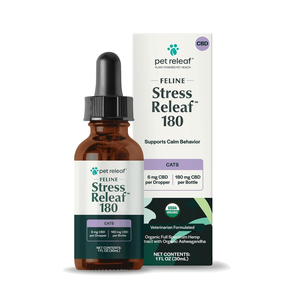 Pet Releaf Feline Stress Releaf Calming Oil For Cats, USDA Organic with Ashwagandha and Catnip CBD 180MG