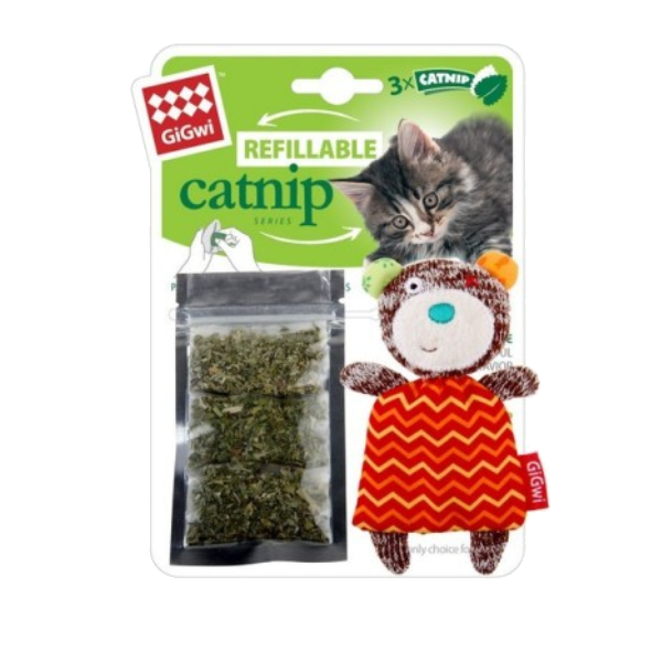 Gigwi Refillable Catnip With 3 Catnip Tea Bags In Ziplock Bag Bear