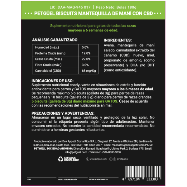 Vet Petgüel Biscuits Mantequilla de Mani con CBD Gatos 180g