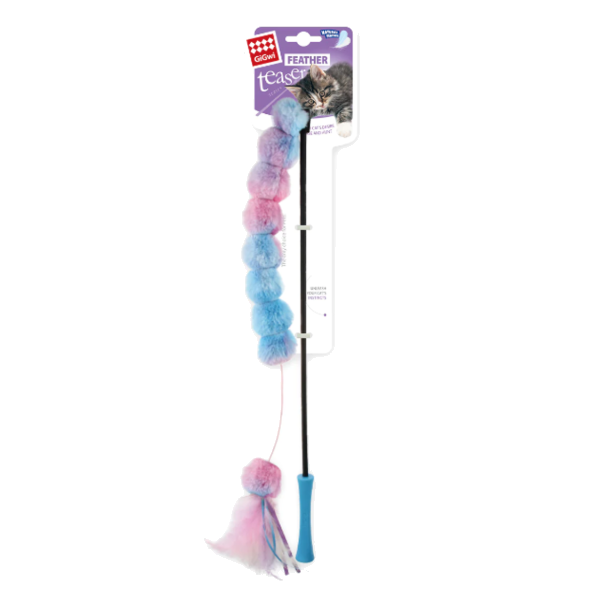 Gigwi Catch n scratch Feather teaser wand with catnip and crinkle paper pink/blue