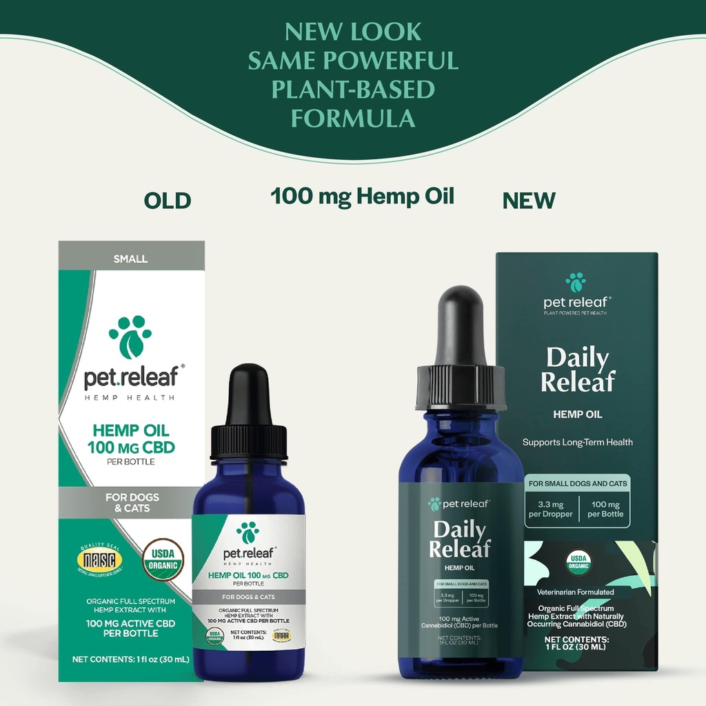 Pet Releaf Daily Releaf Oil For Small Dogs & Cats, USDA Organic for Calming, Mobility, and Overall Health CBD 100MG