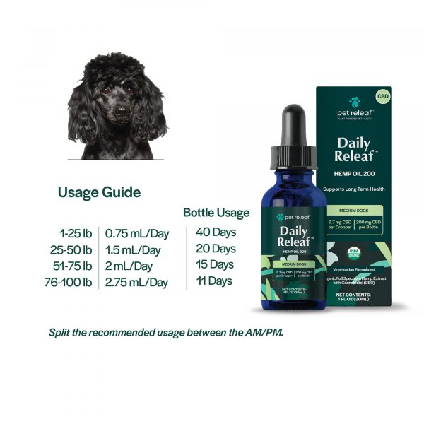 Pet Releaf Daily Releaf Oil For Medium Dogs, USDA Organic for Calming, Mobility, and Overall Health CBD 200MG