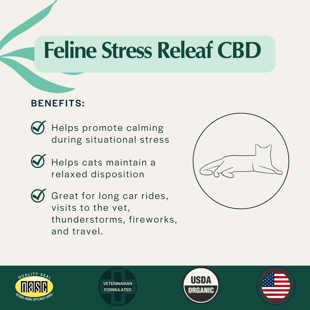 Pet Releaf Feline Stress Releaf Calming Oil For Cats, USDA Organic with Ashwagandha and Catnip CBD 180MG