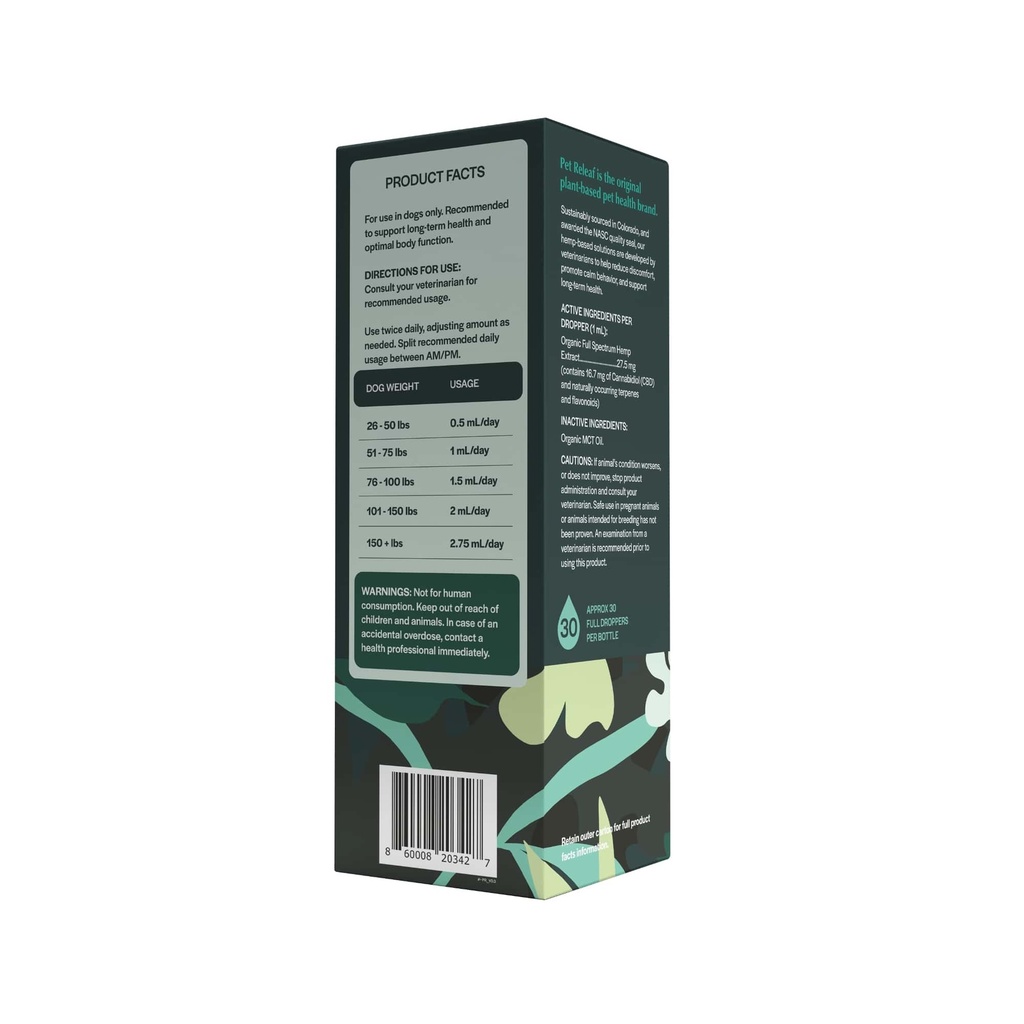 Pet Releaf Daily Releaf Oil For Large Dogs, USDA Organic for Calming, Mobility, and Overall Health CBD 500MG