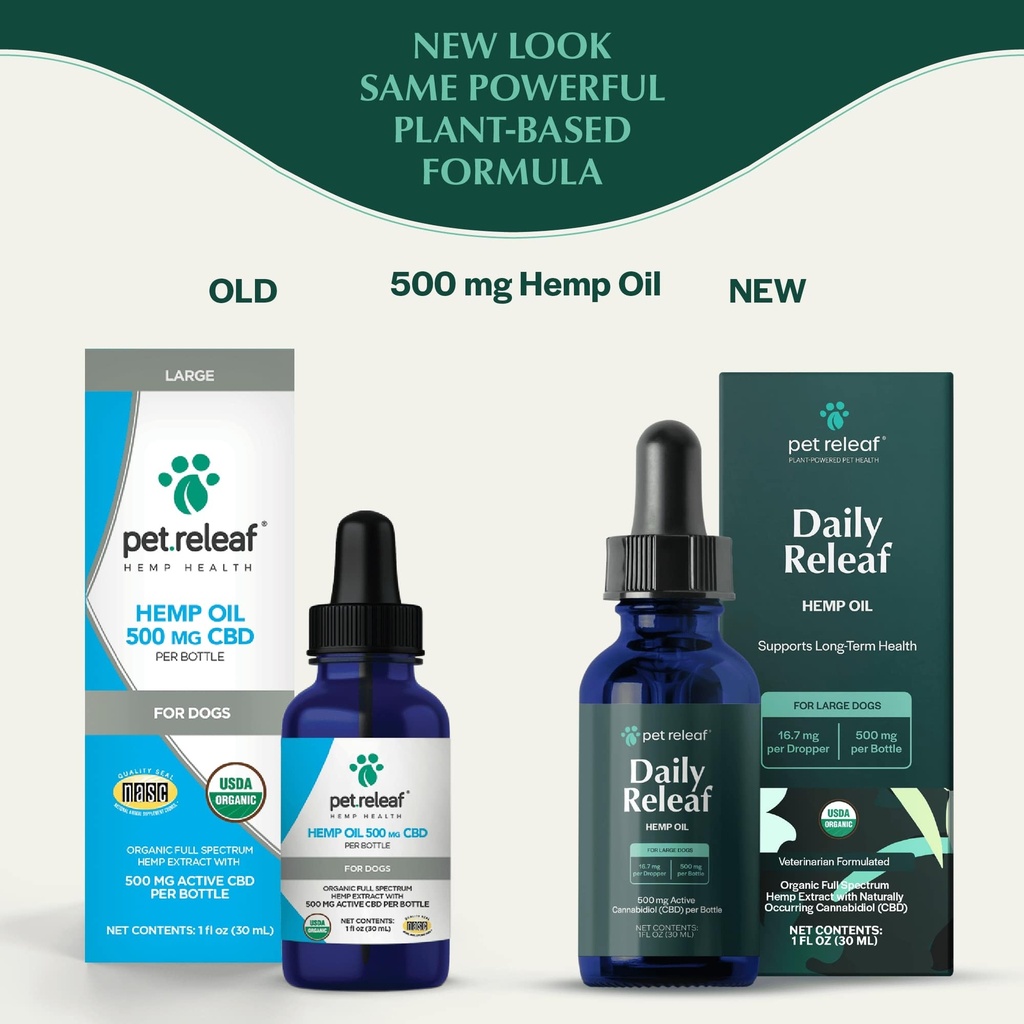 Pet Releaf Daily Releaf Oil For Large Dogs, USDA Organic for Calming, Mobility, and Overall Health CBD 500MG