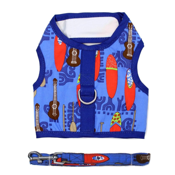 Doggie Cool Mesh Dog Harness With Leash - Ukuleles And Surfboards - Large