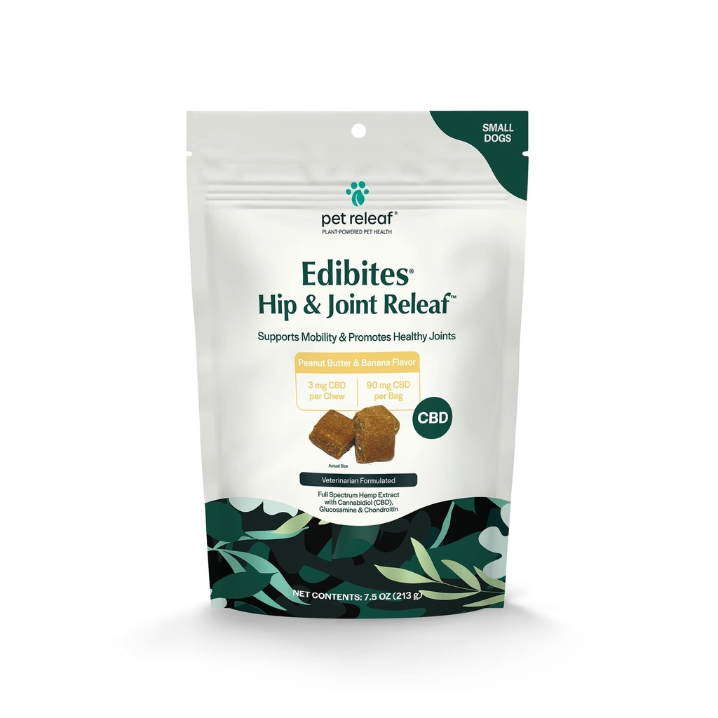 Pet Releaf Hip and Joint Releaf Peanut Butter Banana CBD Edibites, Mobility Chews For Small Dogs - 3MG / 90MG CBD
