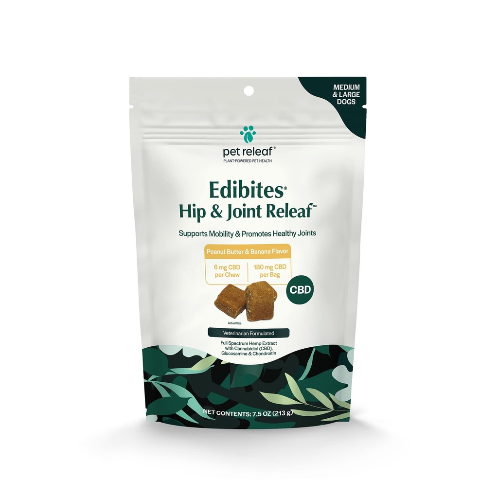 Pet Releaf Hip and Joint Releaf Peanut Butter Banana CBD Edibites, Mobility Chews For Medium/Large Dogs - 6MG / 180MG CBD