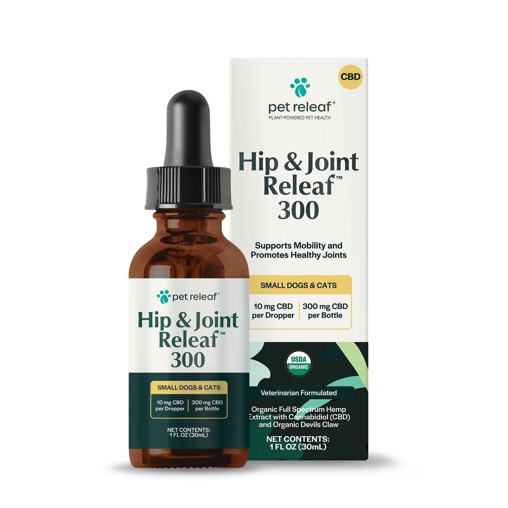 Pet Releaf Hip and Joint Releaf Mobility Oil for Small Dogs and Cats, USDA Organic with Devils Claw CBD 300MG