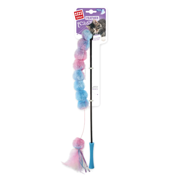 Gigwi Catch n scratch Feather teaser wand with catnip and crinkle paper pink/blue