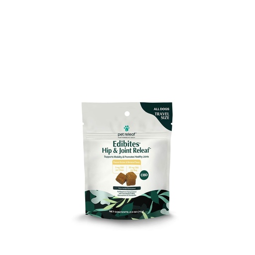 [850016364968] Pet Releaf Hip and Joint Releaf Peanut Butter Banana CBD Edibites, Travel Size Mobility Chews For All Dogs - 3MG / 30MG CBD