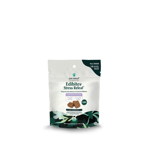[850016364951] Pet Releaf Stress Releaf Peanut Butter CBD Edibites, USDA Organic Calming Chews, Travel Size For All Dogs - 3MG / 30MG CBD