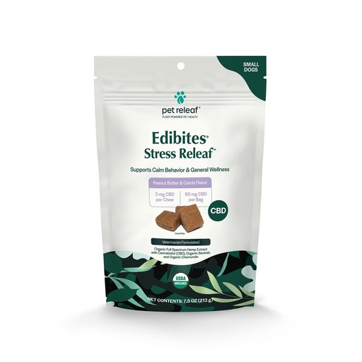 [850016364838] Pet Releaf Stress Releaf Peanut Butter Edibites, USDA Organic Calming Chews For Small Dogs - 3MG / 90MG CBD