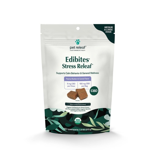 [850016364852] Pet Releaf Stress Releaf Peanut Butter Edibites, USDA Organic Calming Chews For Medium/Large Dogs - 6MG / 180MG CBD