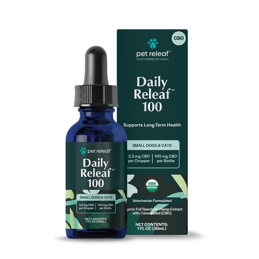 [860008203403] Pet Releaf Daily Releaf Oil For Small Dogs & Cats, USDA Organic for Calming, Mobility, and Overall Health CBD 100MG