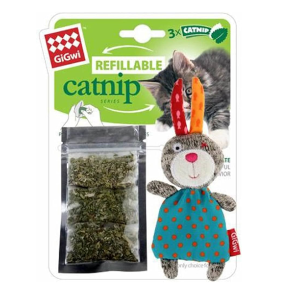 Gigwi Refillable Catnip With 3 Catnip Tea Bags In Ziplock Bag Rabbit