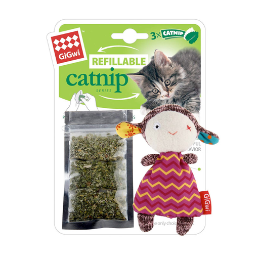 [7056] Gigwi Refillable Catnip With 3 Catnip Tea Bags In Ziplock Bag Sheep
