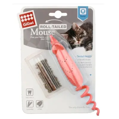 [7476] Gigwi - Roll-tailed Mouse' with changeable catnip bag, silvervine stick Rojo