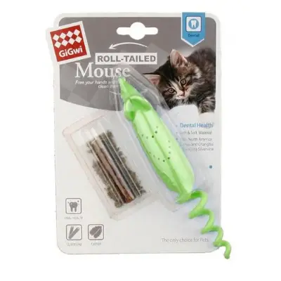 [7477] Gigwi - Roll-tailed Mouse' with changeable catnip bag, silvervine stick Verde